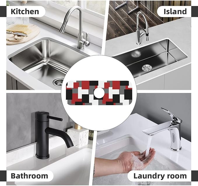 Grey Black White Plaid Square Red 15" X 5.5" Kitchen Sink Splash Guard Faucet