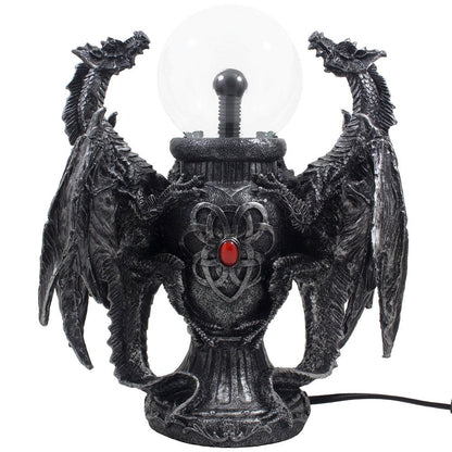 Mythical Guardian Dragon Duo Watching Crystal Ball Table Lamp and Metallic Look Vase Statue for Medieval Home Decor Globe Lights As Enchanting Renaissance Gifts