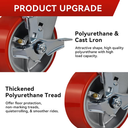 FOVERSWIVE 5"x2" Industrial Casters- Heavy Duty casters,Polyurethane Casters Wheel,Capacity up to 4000 Lb. Use for Platform Truck, U-Boat Cart,Workbenches(4 Brake)