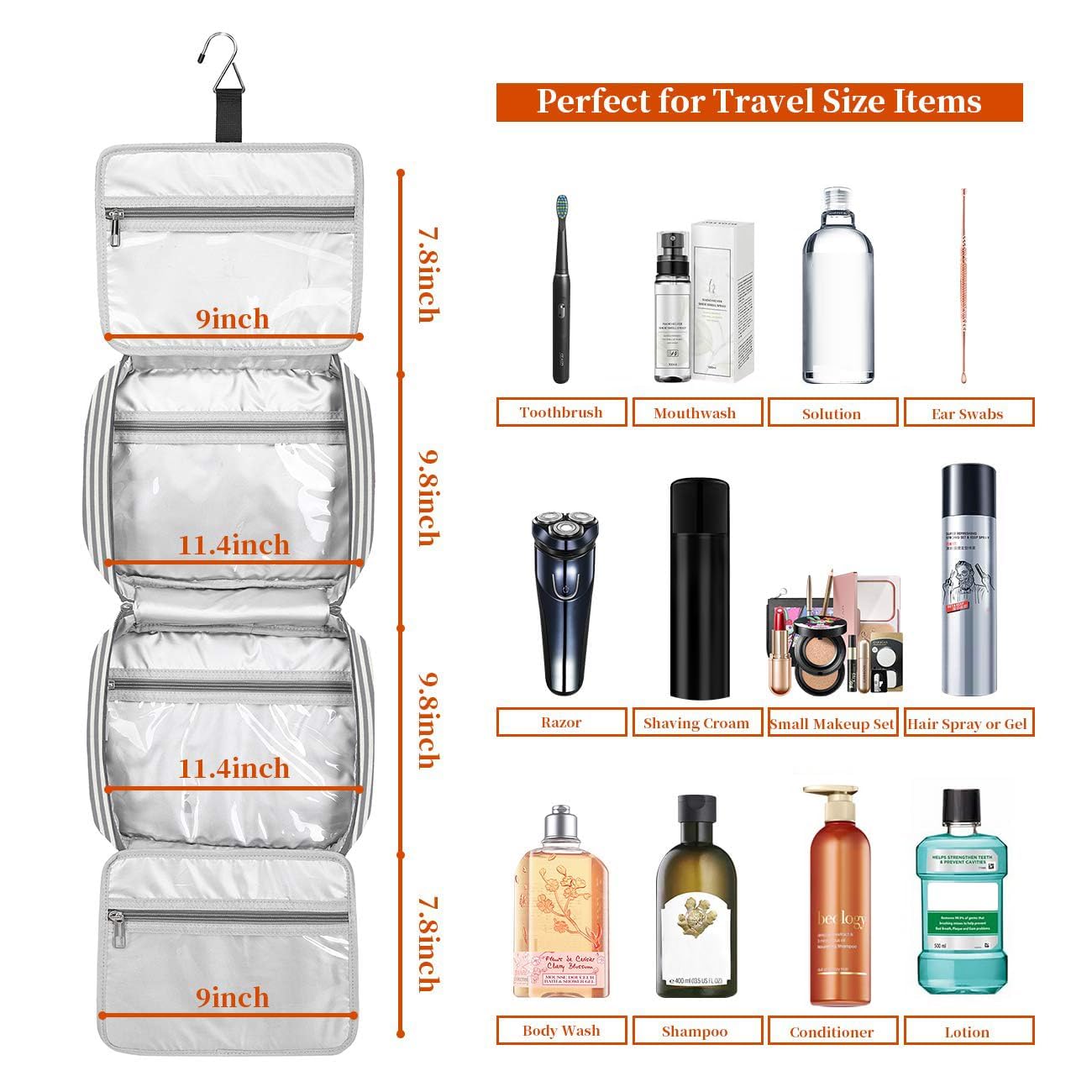 Hanging Travel Toiletry Bag, Large Capacity Wash Bag Waterproof Cosmetic Bag Makeup Organizer with 4 Compartments & 1 Sturdy Hook for Women/Men