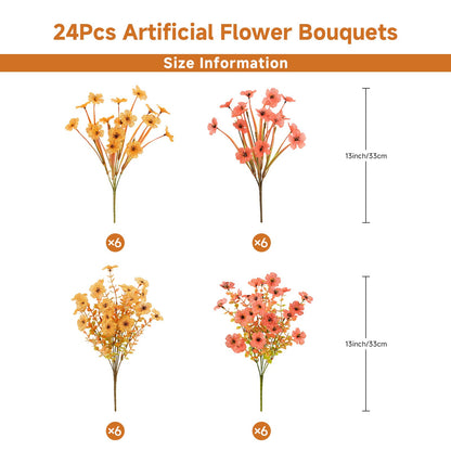 Alupssuc 24 Bundles Autumn Artificial Flowers Outdoor Decorations, Silk Violet Plastic Fake Flower Plants for Hanging Baskets Garden Porch Window Home Vases Wedding Farmhouse Decor, Orange and Red