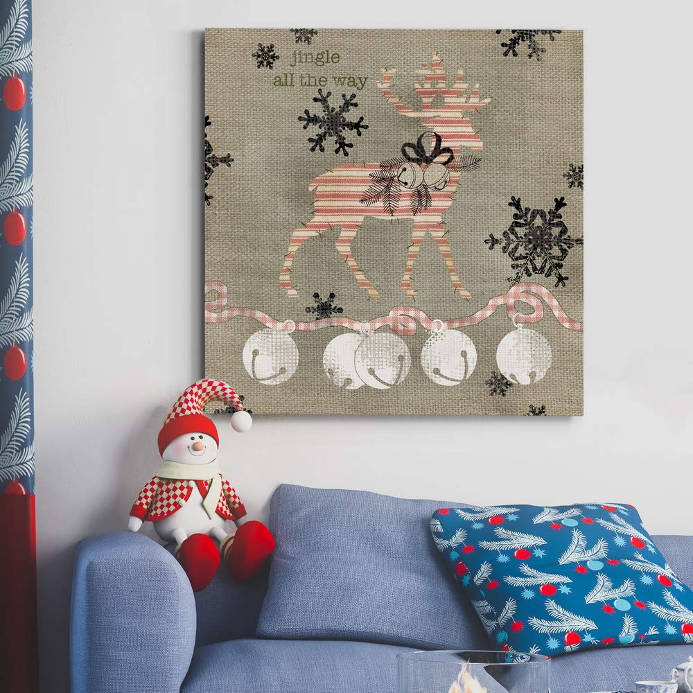 Renditions Gallery Jingle All the Way Reindeer Wall Art, Christmas & Winter Decor, White & Red Striped Fabric Look, Premium Gallery Wrapped Canvas, Ready to Hang, 40 in H x 40 in W, Made in America