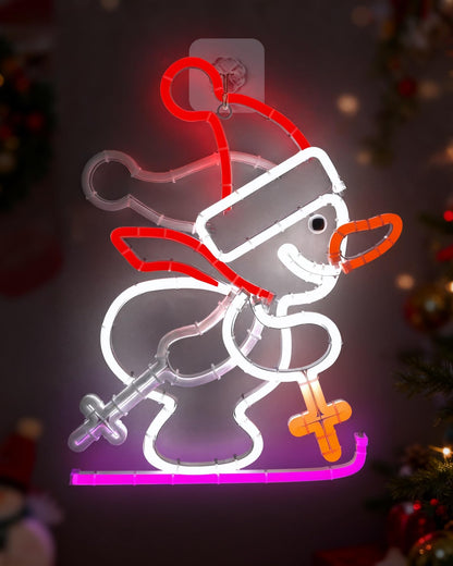Christmas Snowman Neon Sign, Skiing Snowman LED Neon Light for Home Decor, 8H Timer & Speed Adjust, Festive Xmas Decorations Wall Art, Holiday Party Bedroom Living Room Cafe Bar