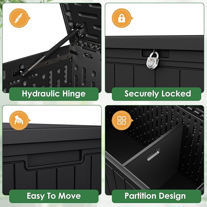 Devoko 160 Gallon Double-Wall Deck Box with Divider, Side Handles, HDPE Outdoor Large Storage Box Waterproof and Lockable for Patio Furniture, Garden, Pool (Black, 160 Gallon)