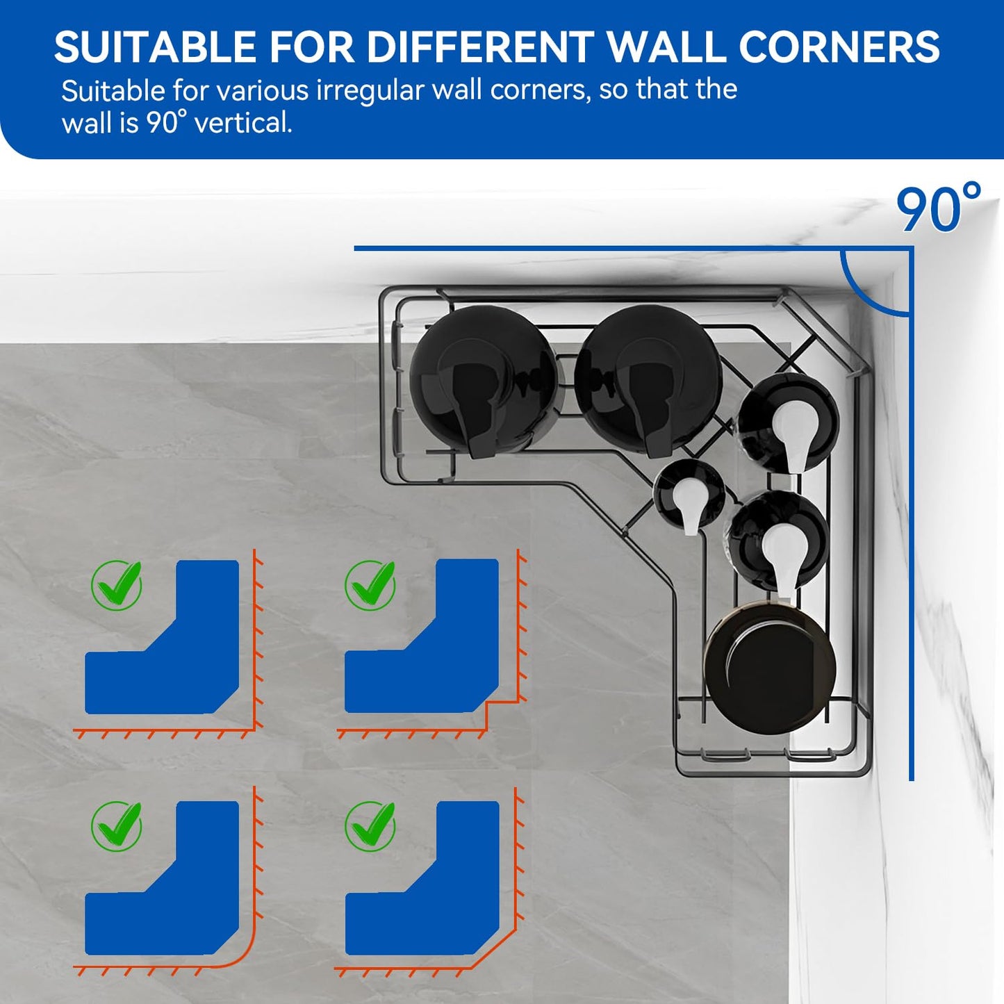 Shower Caddy, 2 Pack Black Bathroom Shelves, Adhesive Shelf Storage No Drilling, Carbon Steel Shower Organiser, Rust-Resistant Caddy Corner, Soap Holder, Bathroom Accessory