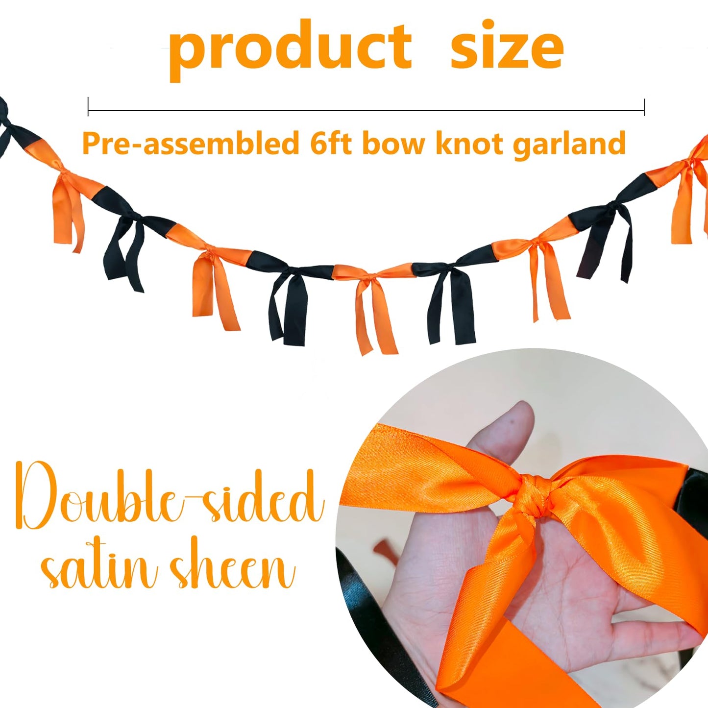 Halloween Stain Bow Garland | 6ft Linking Knot Bow Banner with 3ft Extend Ribbon for Halloween Party Vibes Wreath & Spooky Boo Decor (Orange & Black, 6ft)