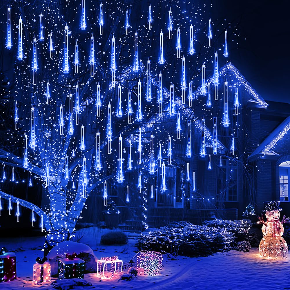 Kordain Outdoor Christmas Lights, Falling Rain Meteor Shower 12 inch 8 Tubes 144 LED Snow Icicle Cascading Fairy String Lights for Holiday Wedding Party Garden Tree Decor, UL Plug, Blue