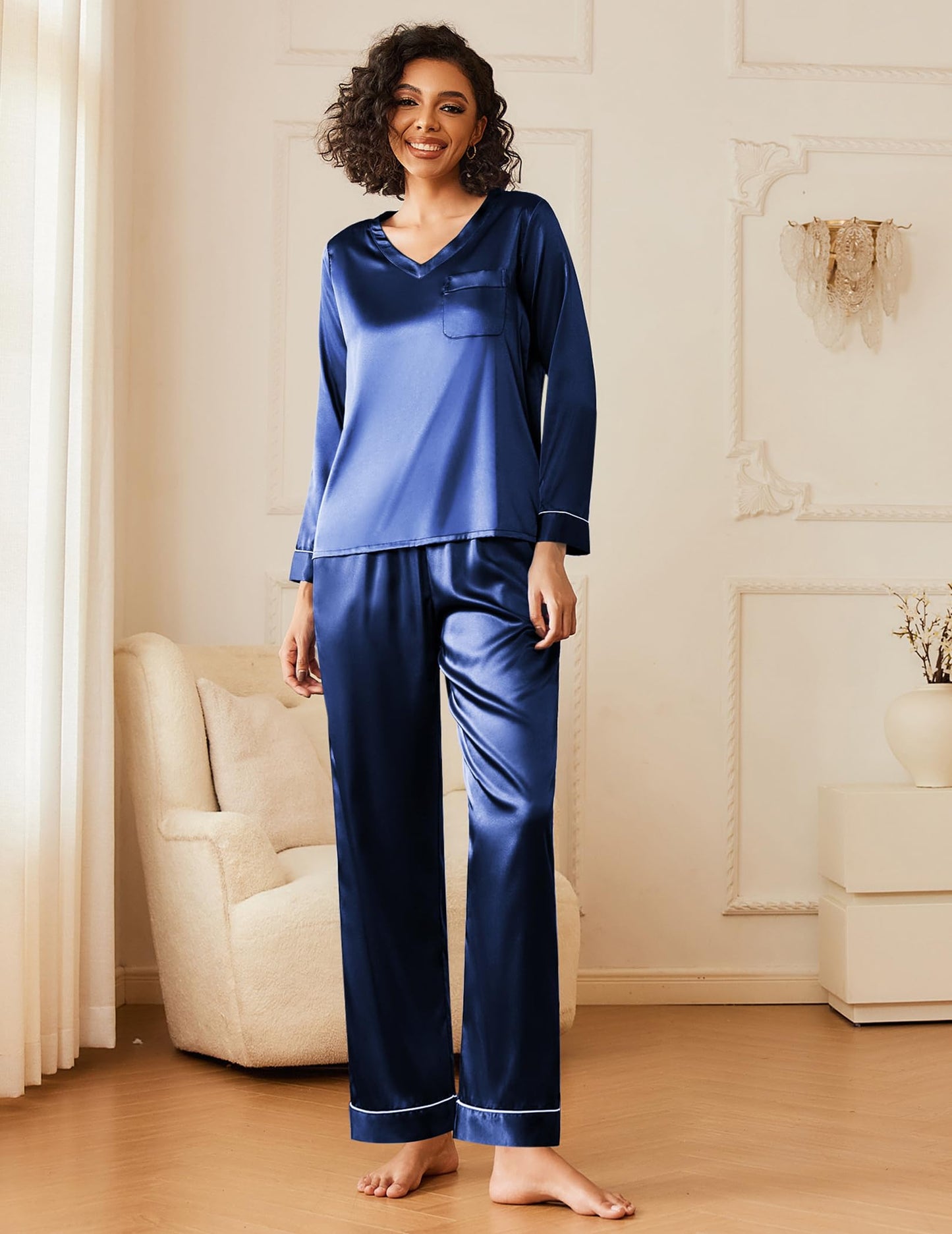 Ekouaer Silk Pajama for Women Long Sleeve Satin Pj Set Two Piece Soft Sleepwear Loungewear S-XXL