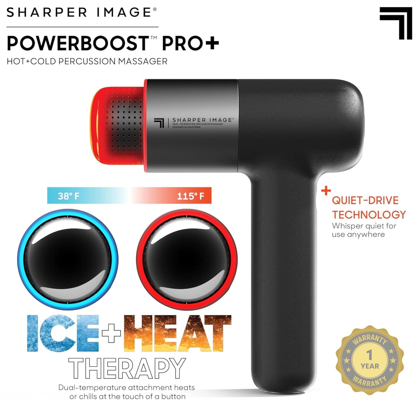 Sharper Image® Powerboost® Pro+ Hot & Cold Deep Tissue Massage Gun - 6 Speeds, 6 Attachments, 5-Hour Battery, Travel Case, Charging Base, Shoulder & Back Massager, Pain Relief Tool, FSA Eligible