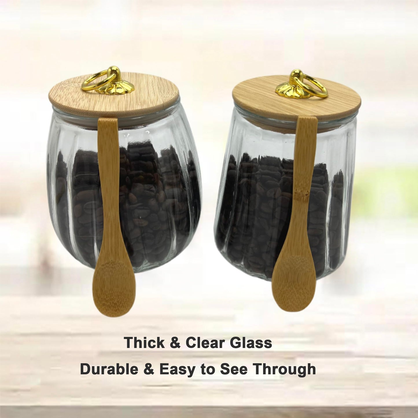 BEECO GIF2U Glass Airtight Storage Jars with Spoons,Bamboo Lid Canister for Foods,Decorative Container with Metal Handle Easy to Grasp 2Pack Oval