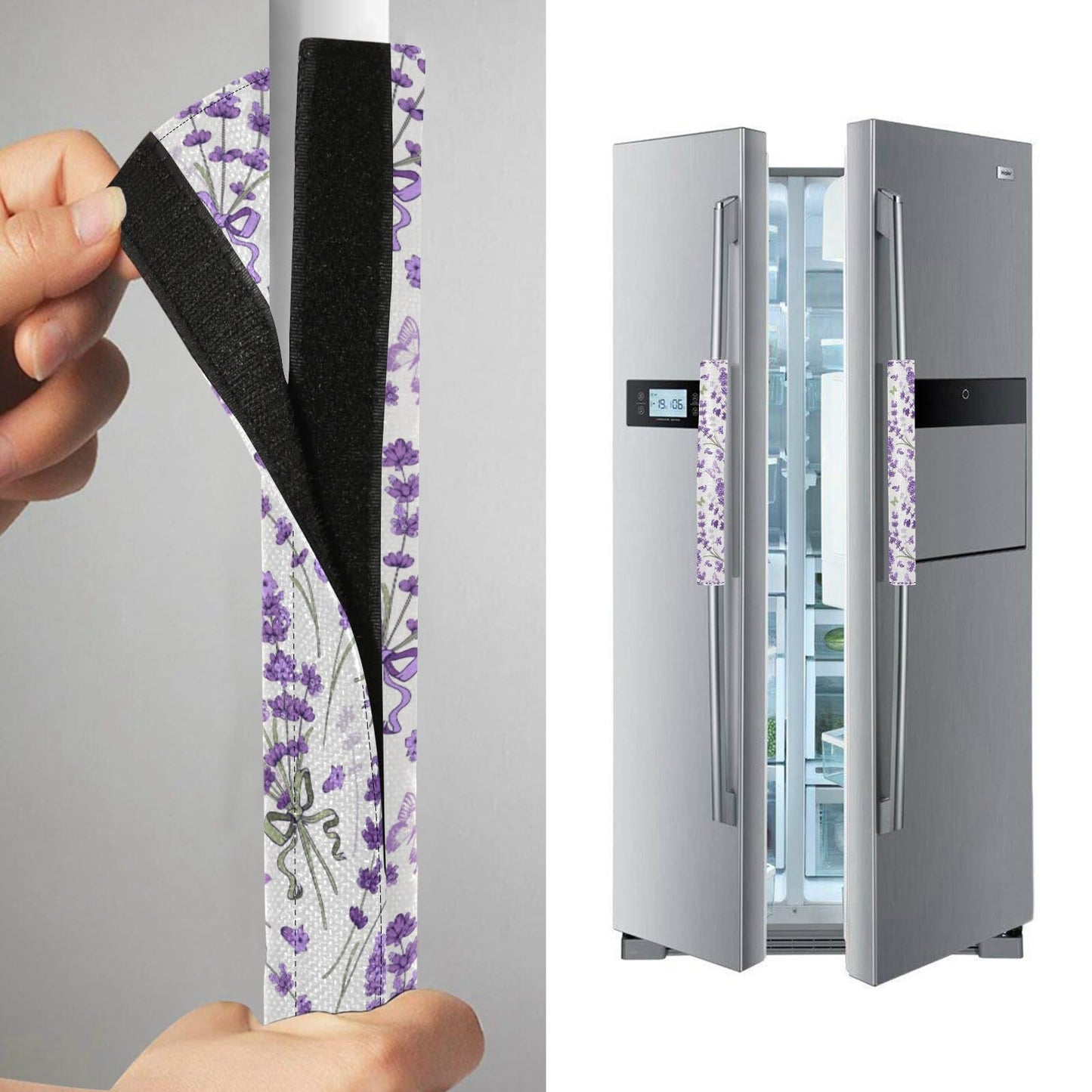 Eionryn Floral Lavenders Refrigerator Door Handle Covers Spring Flowers Purple Provence Kitchen Appliances Gloves for Microwave Dishwasher Fridge Door Cloth Protector 2pcs