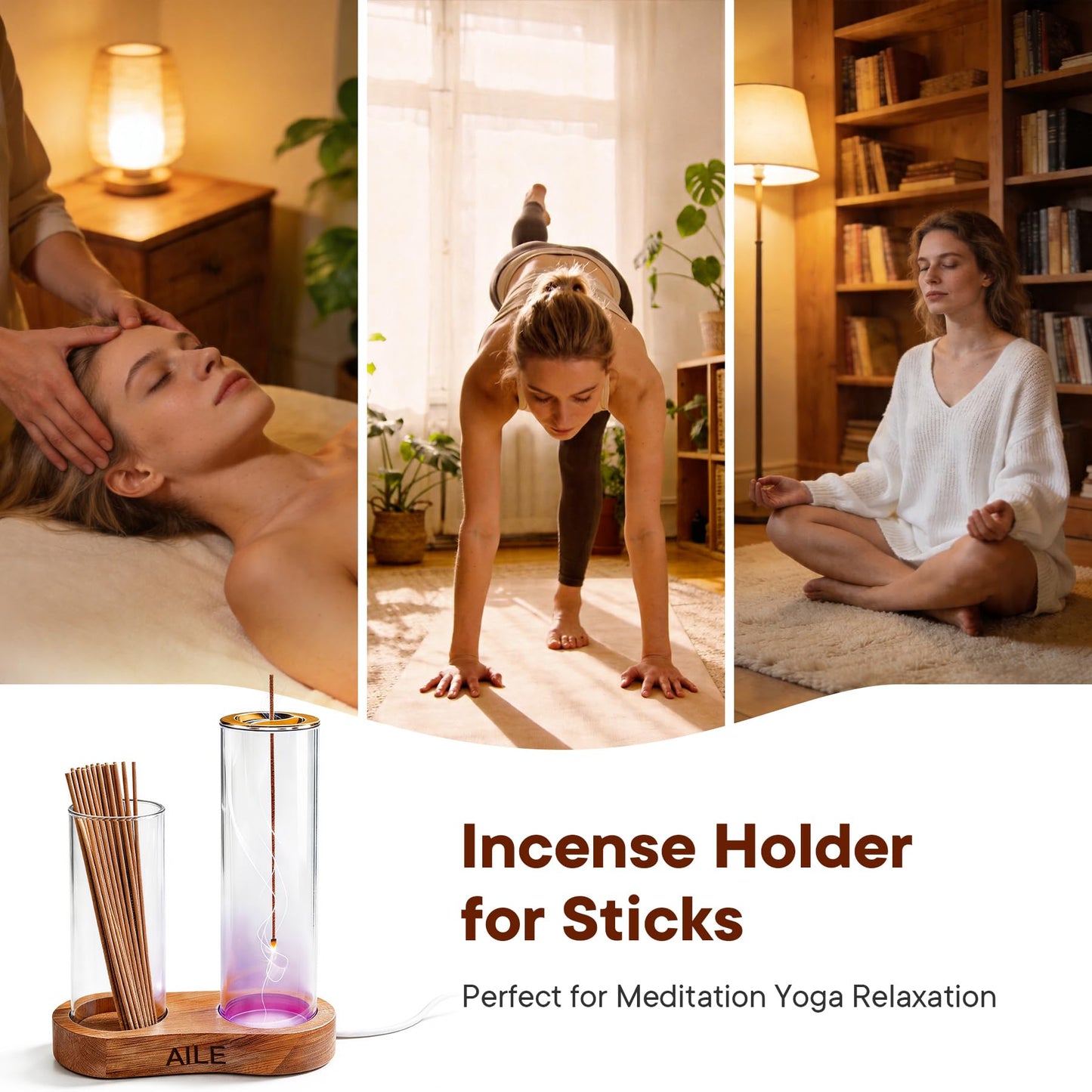 2 in 1 Incense Holder for Sticks, Glass LED Glowing Incense Burner Holder with Ash Catcher & Incense Sticks Organizer for Meditation Yoga Spa Home Decor