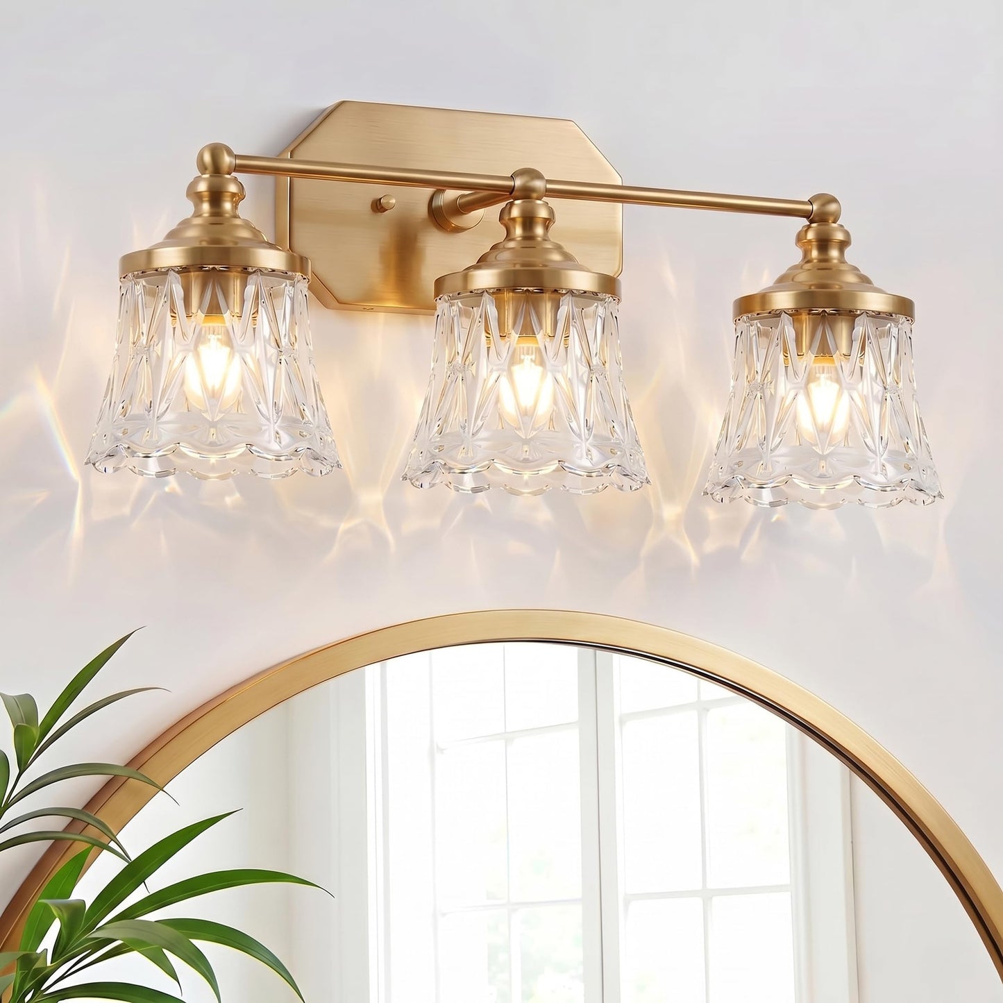 EvmVom Vintage Bathroom Vanity Light Fixtures, Gold 3-Light Vanity Light, Antique Bathroom Lighting Fixtures Over Mirror with Crystal Glass Shade, Vanity Lights for Bedroom Living Room Hallway