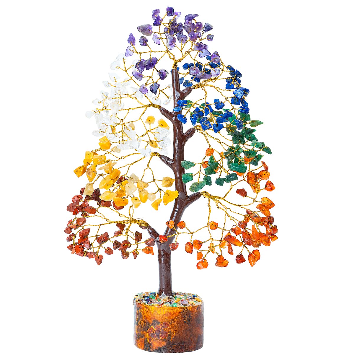 Crocon® 7 Chakra Tree of Life Crystal with Seven Chakra Tumbles, Wooden Decor Base Tray, Handmade Gemstone Birthday Gifts for Women Men Friends Crystal Decorations, Spiritual Gifts, Feng Shui Decor