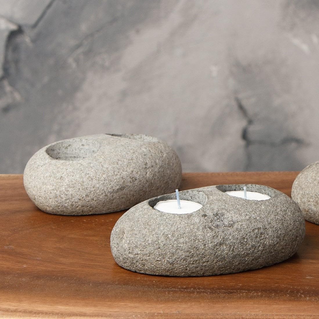Natural Beach Pebble T-Light Holder - Double