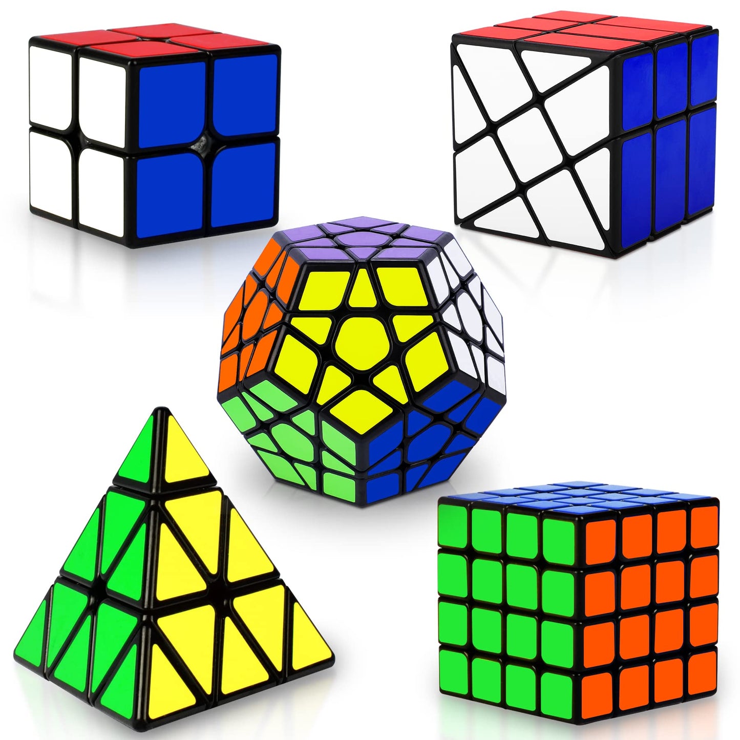Coolzon 5 Pack Speed Magic Cubes, Magic Speed Cube Set 2x2 4x4 Fenghuolun Pyraminx Pyramid Megaminx Fenghuolun Puzzle Cube Toy for Children & Adults 8 Years & Up
