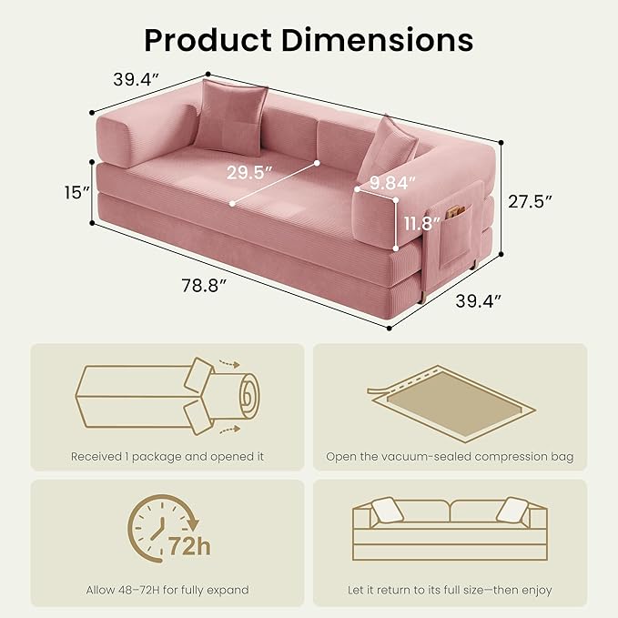 78.8" Convertible Futon Sofa Bed, Corduroy Futon Couch