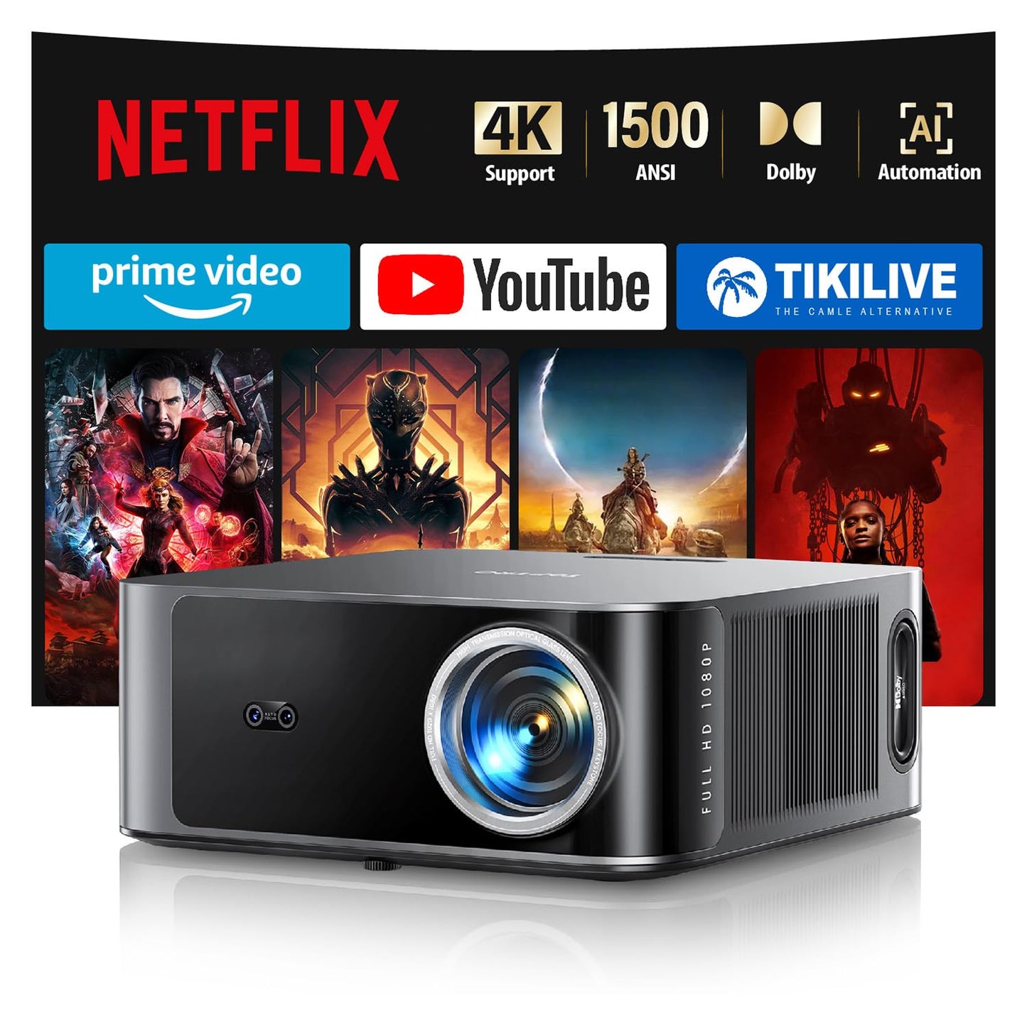 [1500 ANSI/Netflix-Licensed/36W Dolby Audio] Smart-Projector with WiFi 6 and 2-Way Bluetooth, Auto Focus & Keystone, TOPTRO X9 4K Supported Outdoor Movie Projector, Gray