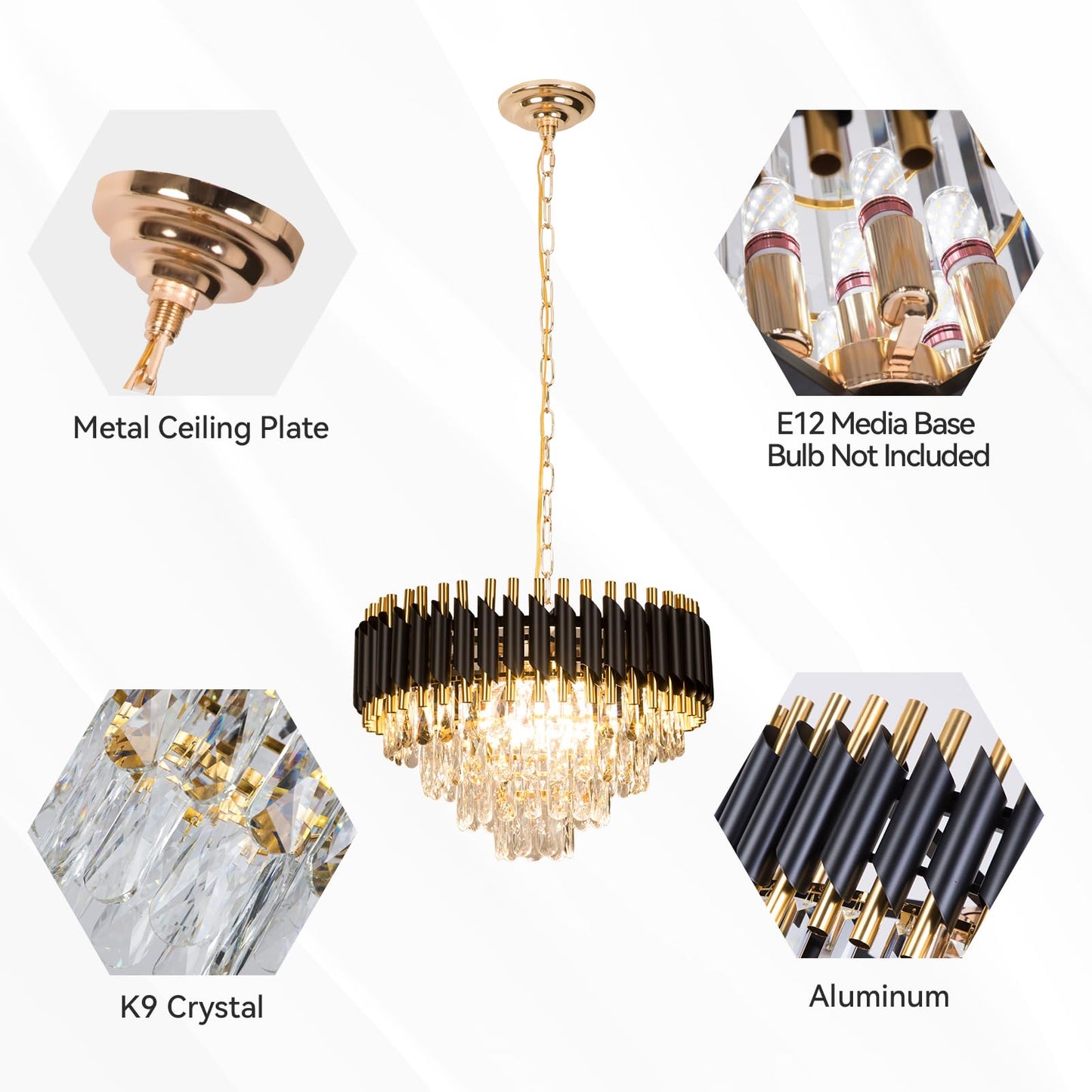 FRIXCHUR Modern Crystal Chandelier 20" Black Flush Mount Ceiling Light 4 Tiers Crystal Pendant Light LED Crystal Chandelier for Bedroom Dining Room