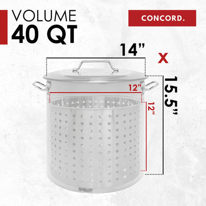 CONCORD Stainless Steel Stock Pot w/Steamer Basket. Cookware great for boiling and steaming (40 Quart)
