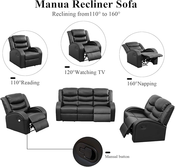 3-Piece Couch Living Room Furniture Sets, Sectional Recliner Sofa Set, Leather
