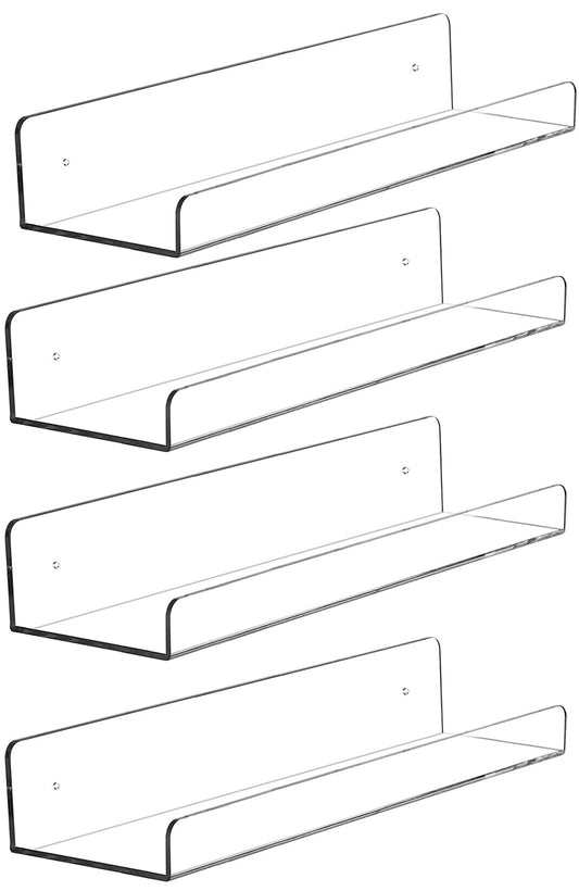 15 Inch Clear Acrylic Shelves for Wall,4 Pcak Wall Mounted Floating Shelves for Bathroom,Bedroom,Renter Friendly,Kids Room,Invisible Display Shelf for Lego,Funko Pop,Collectibles,Perfume,Bookshelf