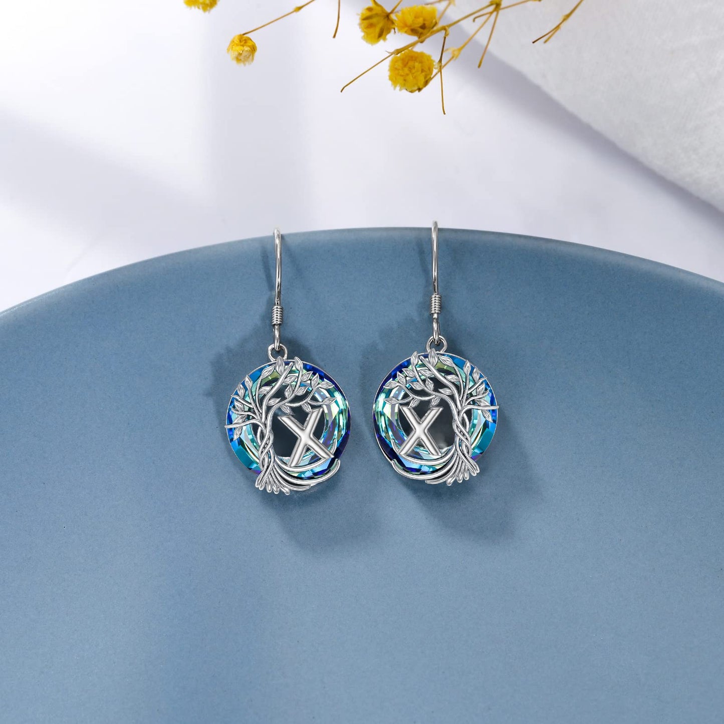 TOUPOP Tree of Life Initial Earrings Sterling Silver Initial X Letter Drop Dangle Earrings Blue Circle Crystal Family Tree Jewelry Birthday Mothers Day Gifts for Women Mom Her