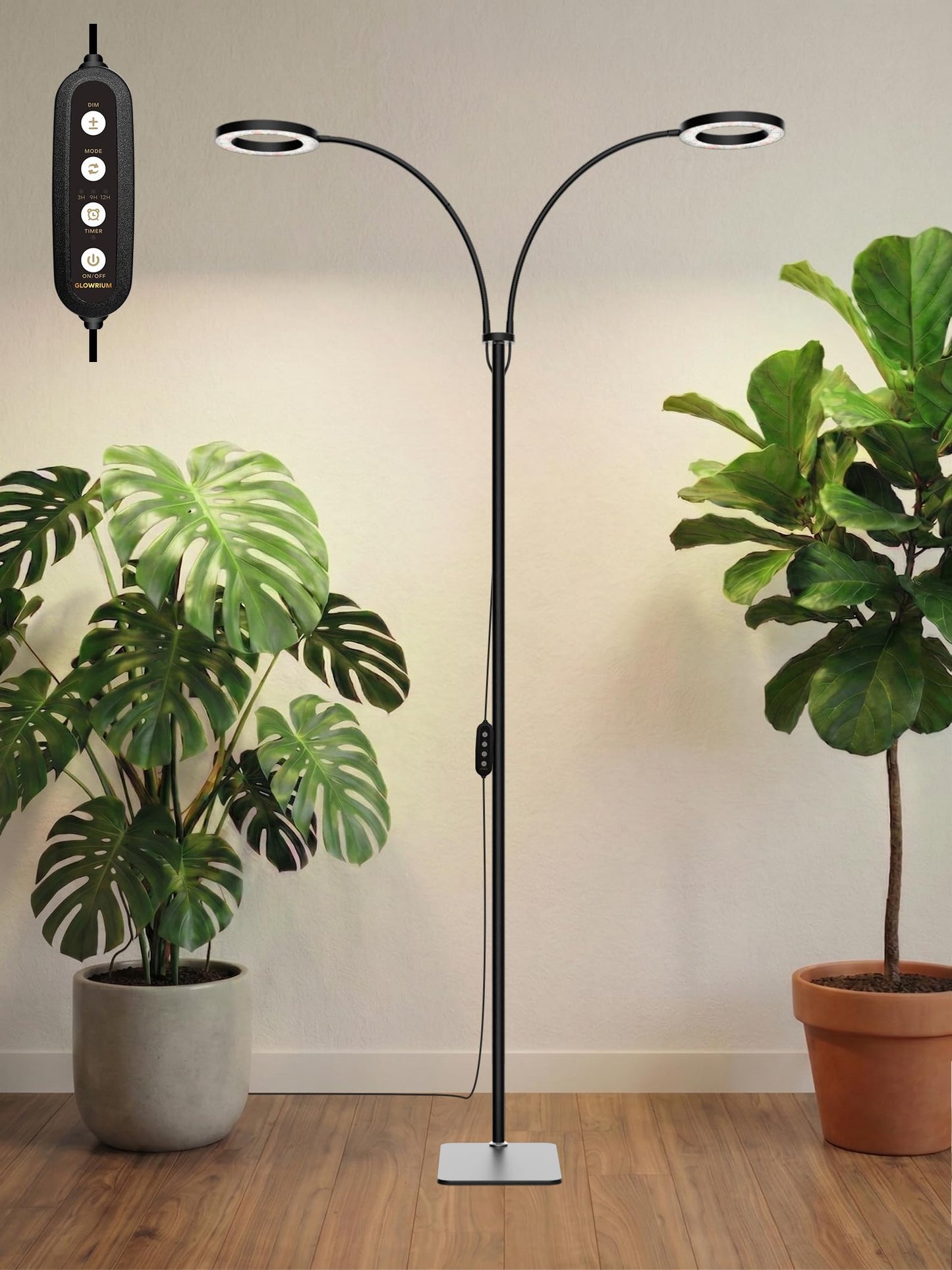 GLOWRIUM Grow Lights for Indoor Plants, 36W Full Spectrum 2-Head LED Plant Light with Stand, Adjustable Height, 3/9/12H Timer, 6 Dimmable Levels & 3 Lighting Modes(Black-Double Head)