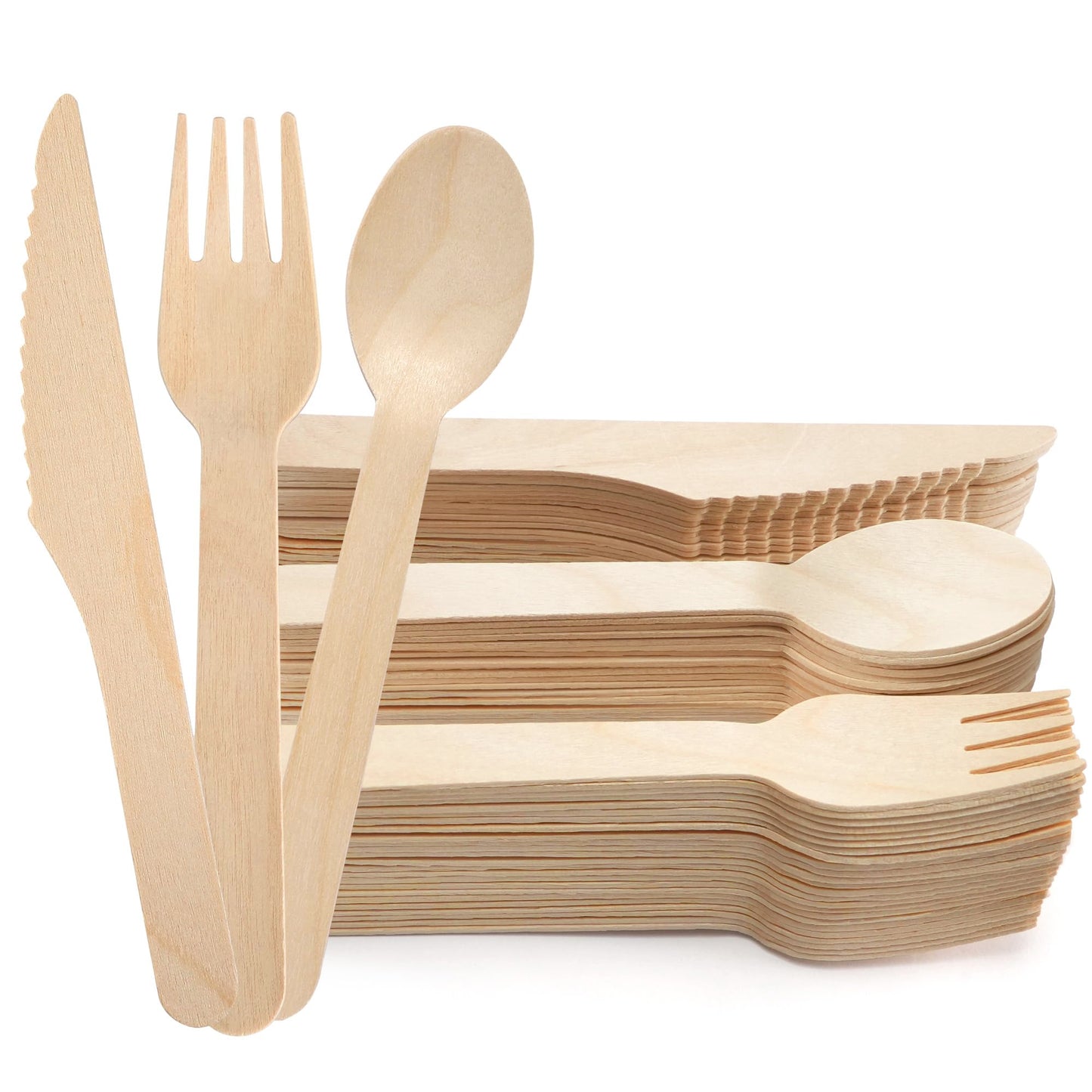 LotFancy Disposable Cutlery Set, 200Pcs Wooden Compostable Utensils (100 Forks, 50 Spoons, 50 Knives) Eco-Friendly Forks And Spoons Silverware