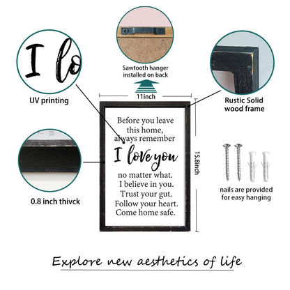 Before You Leave This Home Sign Wall Art Decor 16x11 Inch Rustic Farmhouse Living Room I Love You Inspirational Family Wood Framed Sign Entryway Motivationa And Romantic Wall Hang (Black)