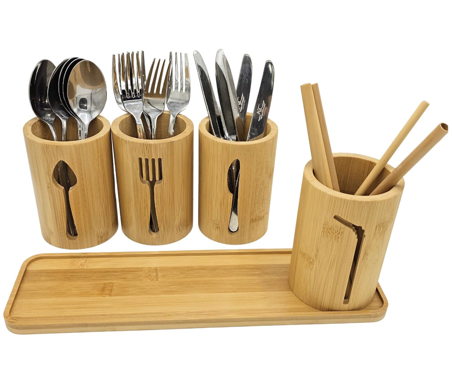 AYAMAX Bamboo Cutlery Holder Set - 4 kitchen Utensils Holder with Bamboo Tray | Decorative kitchen countertop Cutlery Stand | Utensil holder - knife, fork Spoon and Straw holders