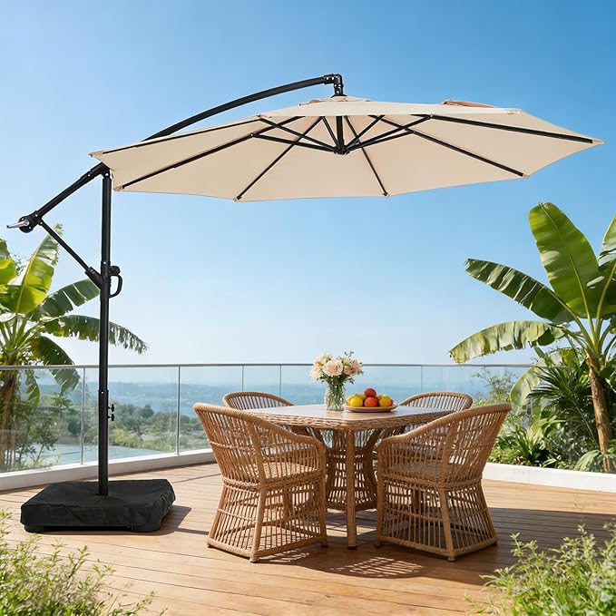 wikiwiki 10ft Patio Umbrella with Base Included, Outdoor Offset Cantilever Umbrella with Sandbag Base for Backyard, Garden and Pool, Easy to Tilt and Crank, Beige