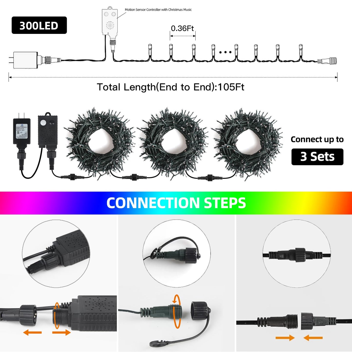 Music Motion Sensor Christmas String Lights 105ft 300 LED，Multicolour Christmas Tree Lights，End-to-End Plug In 6 Modes Christmas Lights, Waterproof for Indoor Outdoor Tree Party Yard Room Decor