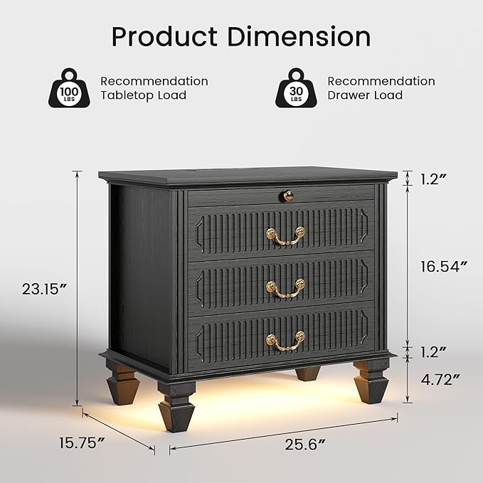 25.6'' Wide Bedside Table with 3 Drawers & Pull-out Tray, Smart Night Stand
