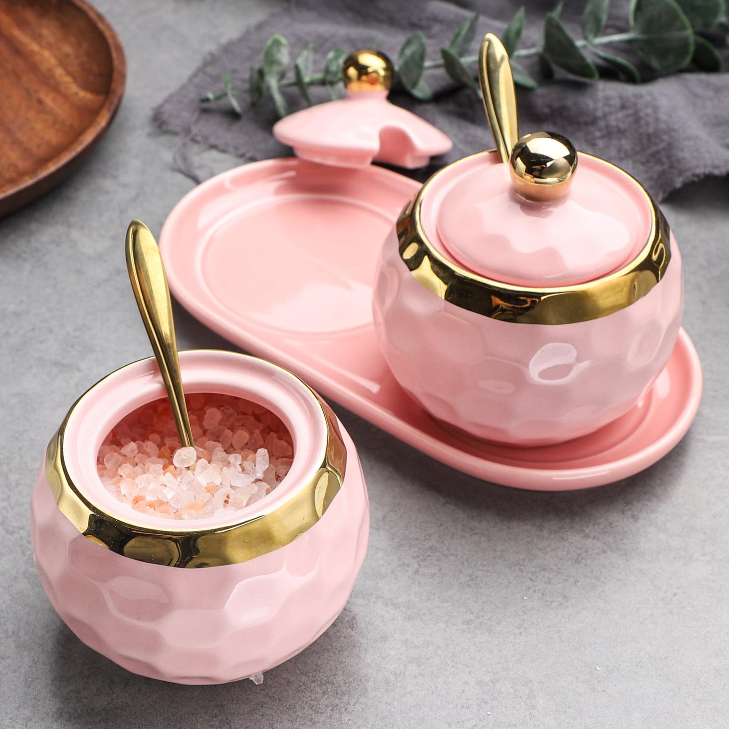 Sailench 10oz Ceramic Sugar Bowl, Golf Design Porcelain Salt Bowl Salt Container Sugar Bowl with Lid and Spoon for Home and Kitchen Coffee Bar (Pink (2pcs))