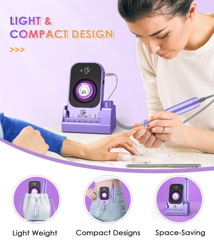 Portable Nail Drill Electric File: 40000RPM Professional Rechargeable Nail E-File Machine, Cordless Nail Drill with Bits & Base for Acrylic Nails Remove Nail Gel Polish Manicure for Salon Home, White