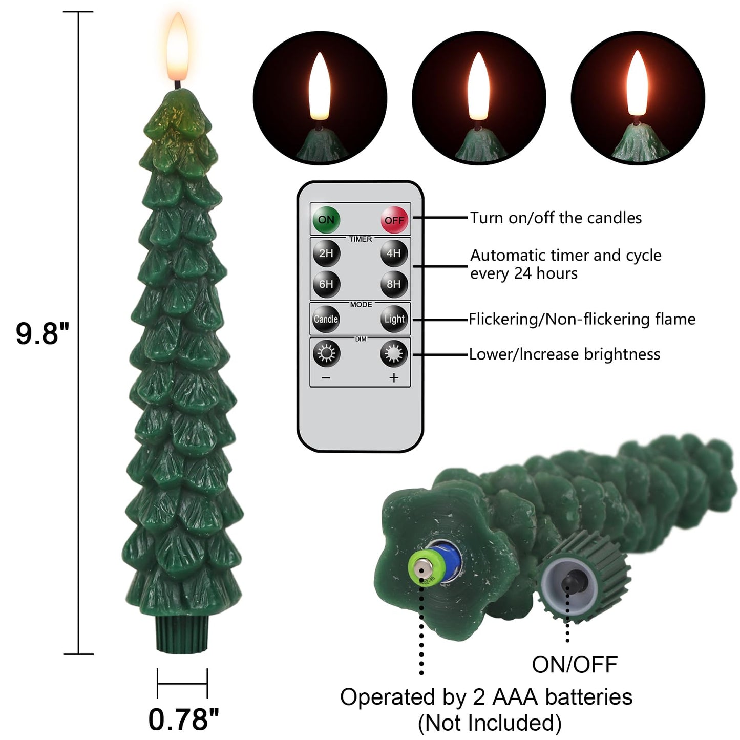 GenSwin Christmas Tree Flameless Taper Candles with Remote Timer, Christmas LED Taper Candles with 3D Flame, 4 Pcs Green LED Candlesticks for Christmas Home Decoration(0.78” x 9.8”)
