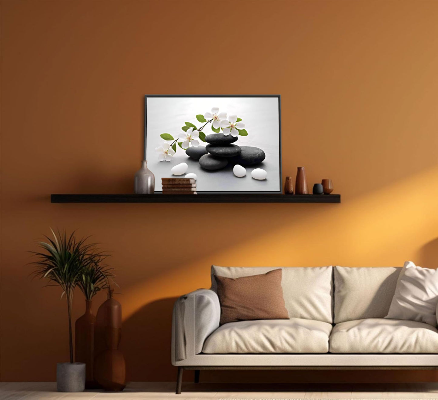 Framed Zen Stone Flower Canvas Wall Art Orchid Flower Black White Zen Stone Picture Wall Decor Still Life Poster Print Artwork for Bathroom Yoga Room Spa Room Meditation Room Office Home Decoration