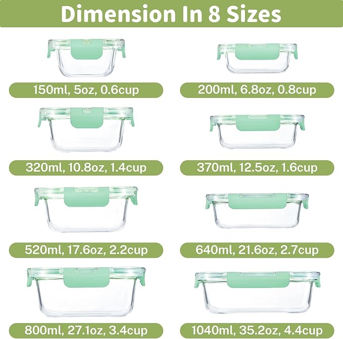 HOMBERKING 8 Pack Glass Food Storage Containers