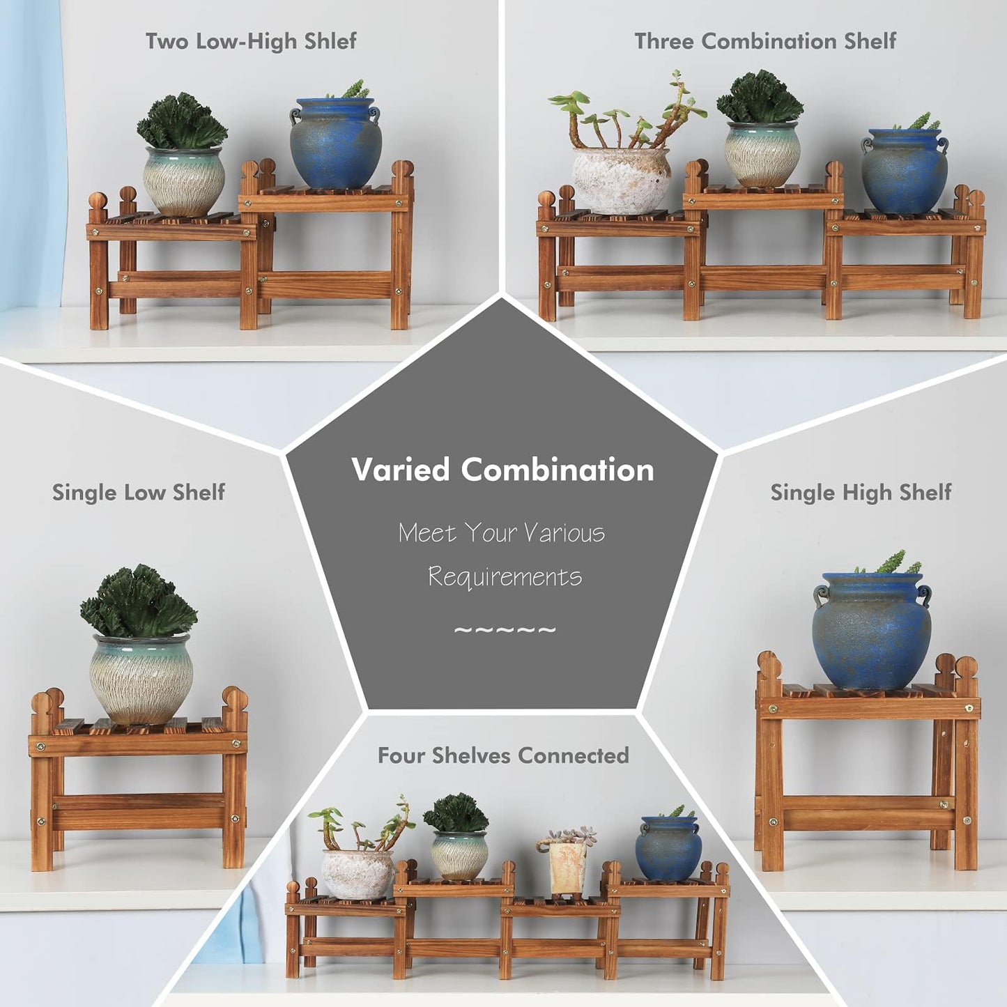 Jotboom Wood Plant Stand Indoor Outdoor,4 Tiers Plant Stand Bench Indoor,Low Window Plant Shelf Small Long Flower Pot Stand for Multiple Plants (11.8"-44'')