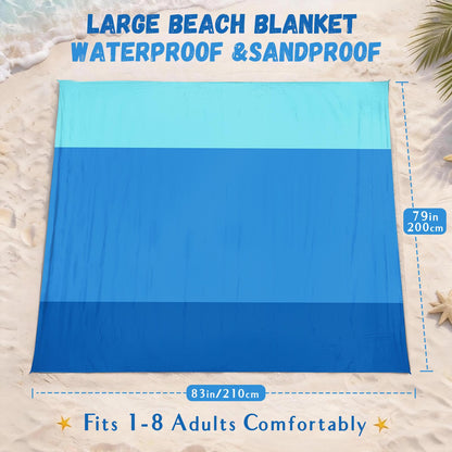 AlphaBeing Beach Blanket Waterproof Sandproof, Extra Large Beach Mat for 1–8 Adults, Oversized Picnic Blanket with 4 Stakes & Storage Bag, Essential Beach Gear for Travel (ThreeBlue, 79“×83”)