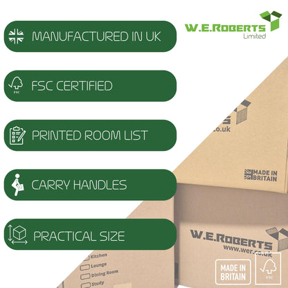 W.E. Roberts 10 Strong Extra Large Cardboard moving Boxes. Packing boxes for moving house with Printed Room List and Carry Handles 52cm x 52cm x 40cm cardboard Boxes