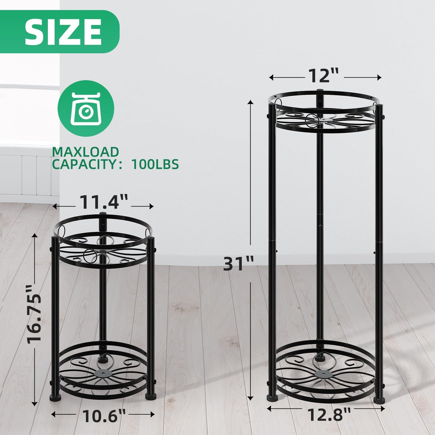 Simple Trending Round Plant Stand Indoor Outdoor, Waterproof Metal Tall 31” Plant Shelf Holder, Heavy Duty Flower Pot Display Rack, 2 Pack, Black