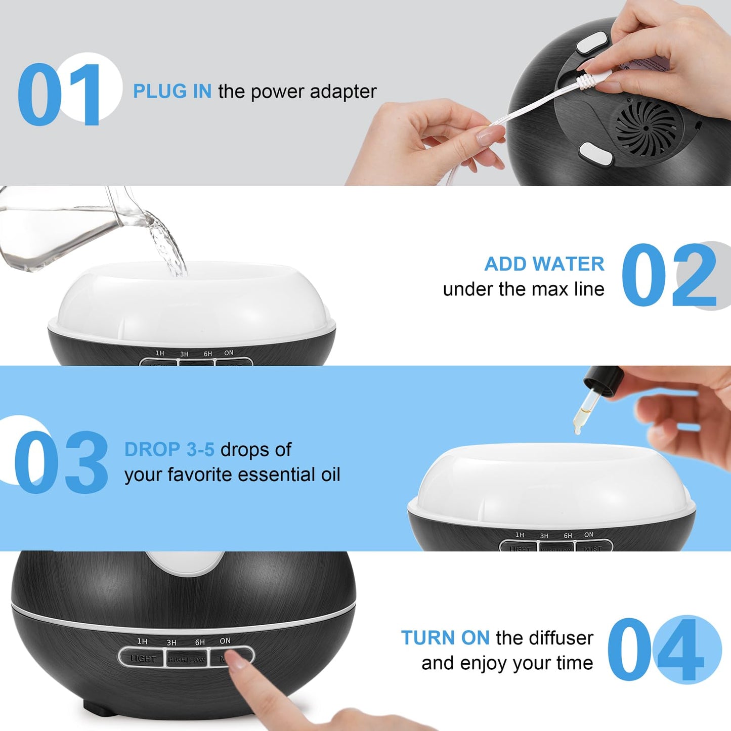 Essential Oil Diffuser for Home 500ML, Ultrasonic Large Diffuser Oil Machine with Remote Control, Aromatherapy Diffusers for Home Office Room, Aroma Diffuser with 14 Color LED & 2 Mist Mode, Brown