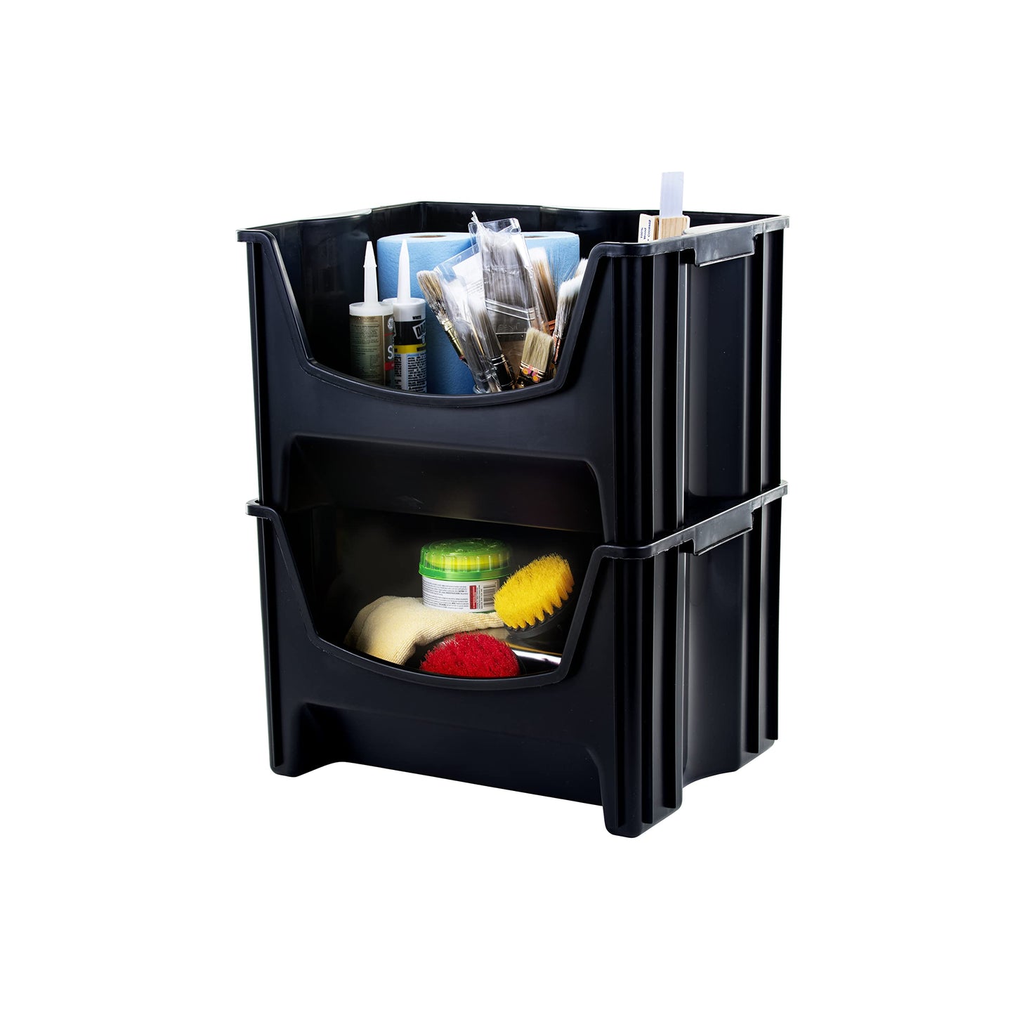 Mighty Tuff Jumbo Stackable Storage Bins, Pack of 3, Easy-Access Storage, Large Easy-to-Grip Handles, Wide Front Opening, Interlocking, Stack Vertically, Black