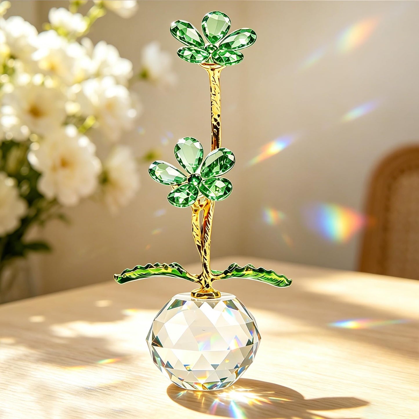 Anxingo Crystal Flower Figurine with Vase, Handmade Eternal Glass Daisy Flower with Gift Box, Romantic Collectible Gift for Women on Birthday Wedding Anniversary Christmas Home Decor(Green)