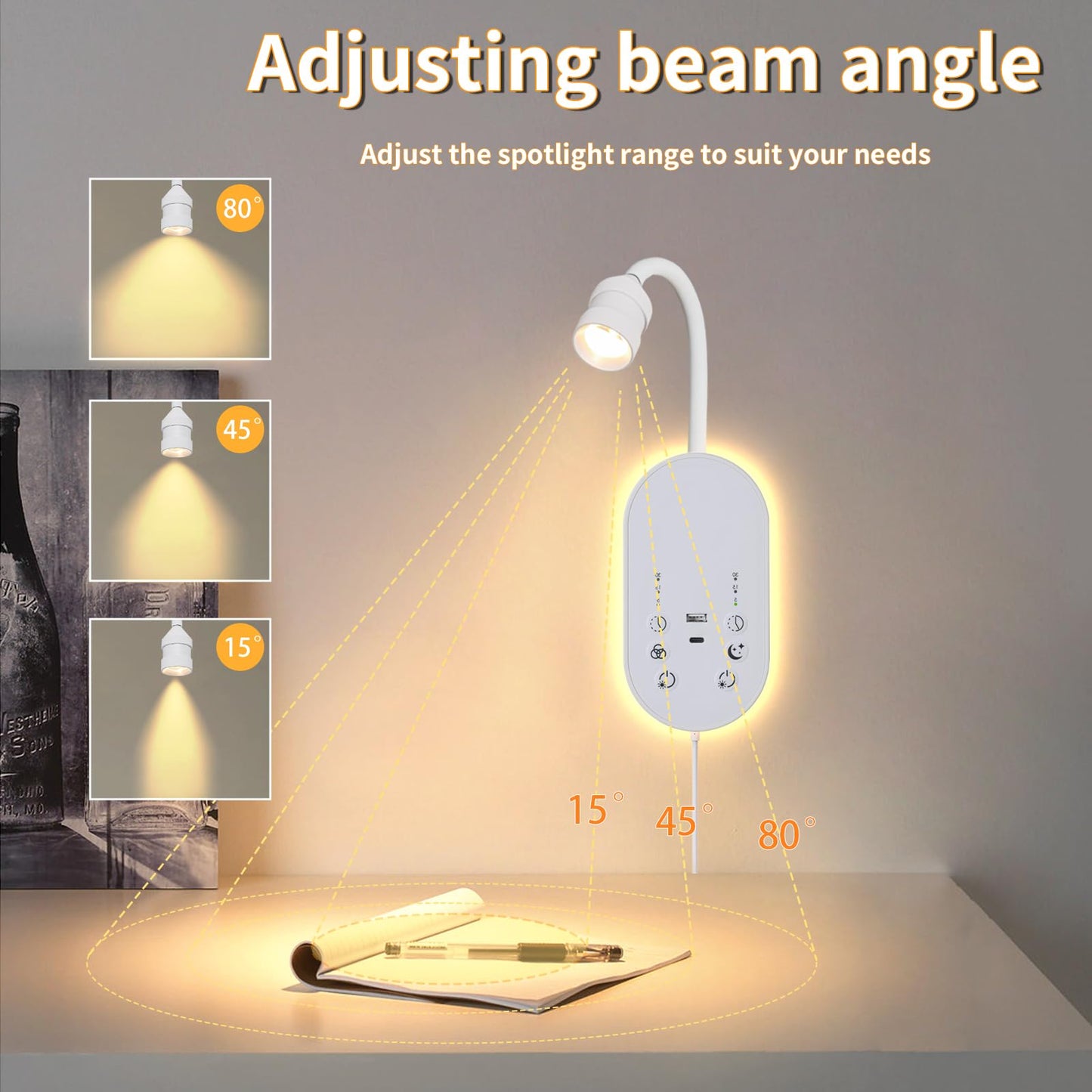 MOLUOLA LIGHTING LED Wall Mounted Reading Light for Bed, Book Light for Reading with Touch Control, Stepless Dimmable, Flexible Gooseneck Bed Light with USB C+A, Night Light & Timers Function (White)