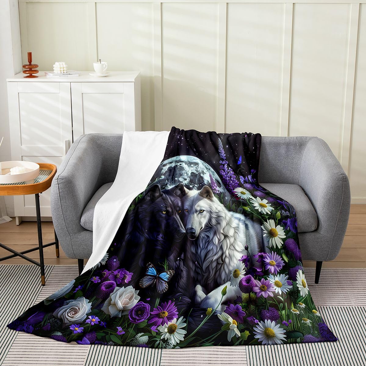 Feelyou Wolf Fleece Throw Blanket Halloween Themed Flannel Blanket Plush Fuzzy Trick or Treat for Bed Couch Chair Living Room Wolves Howling Throw 50"x60" Purple Black and White Bedroom Decor