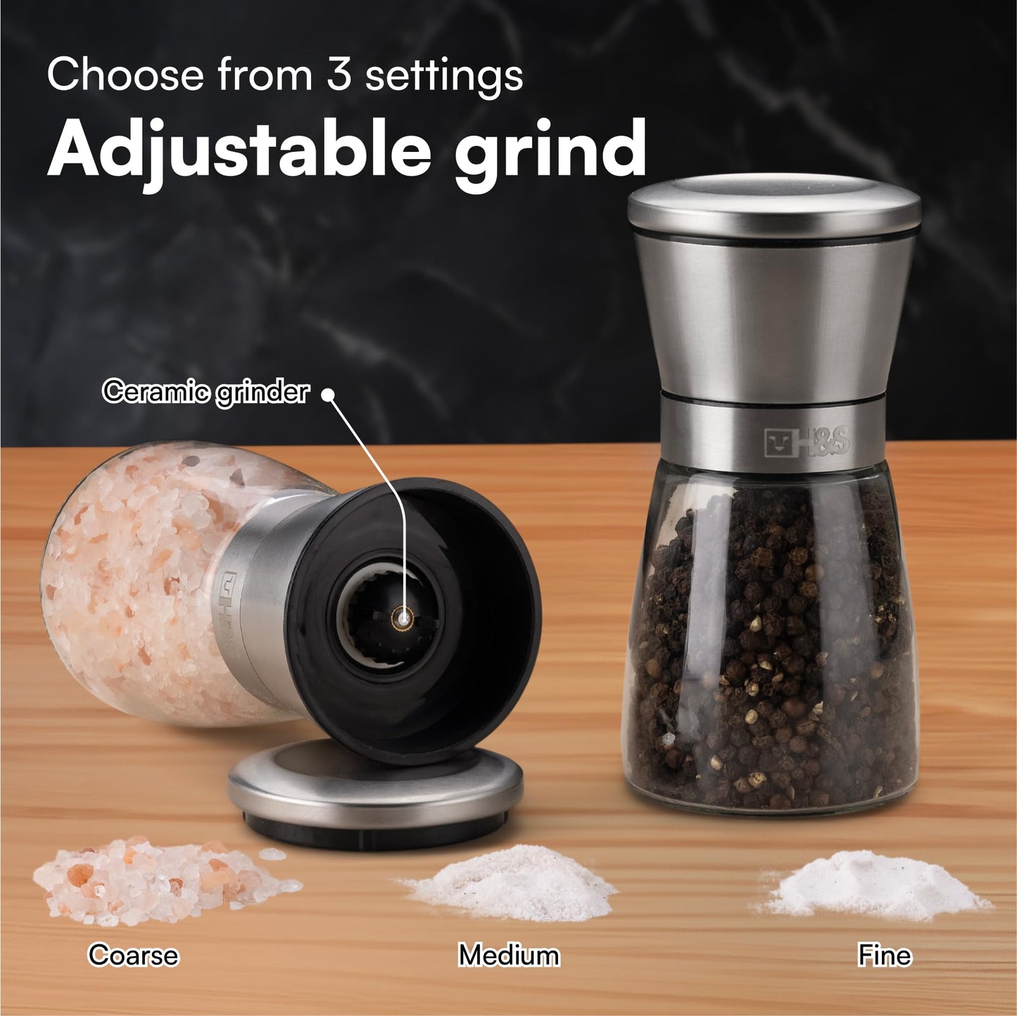 H&S Salt and Pepper Grinder Set - Manual Mill Grinders for Kitchen - Glass and Stainless Steel Spice Mills with Adjustable Coarseness - Easy to Use and Fill - Large Capacity