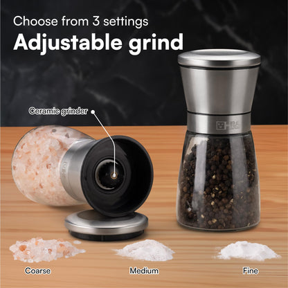 H&S Salt and Pepper Grinder Set - Manual Mill Grinders for Kitchen - Glass and Stainless Steel Spice Mills with Adjustable Coarseness - Easy to Use and Fill - Large Capacity